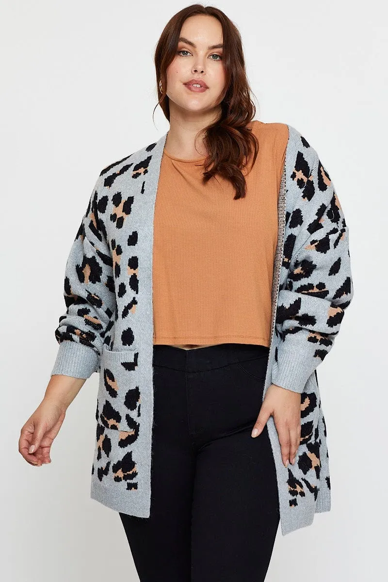Animal Print Knit Cardigan Long Sleeve Longline