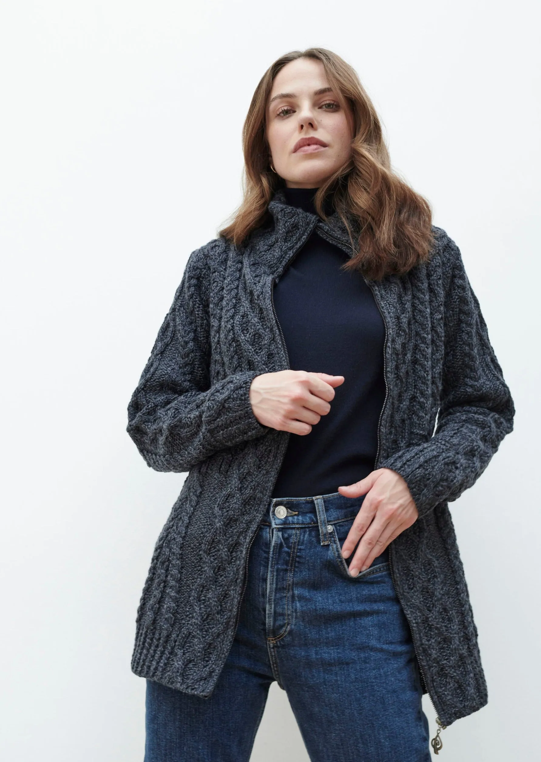 Aran Women's Zipper Cardigan | Charcoal