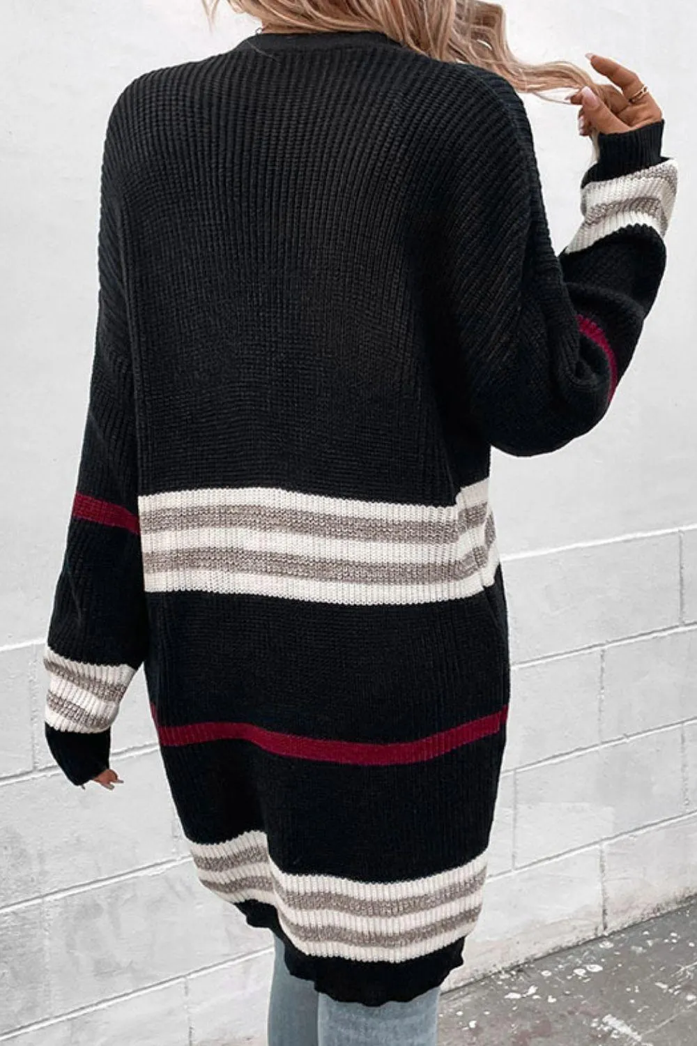 Assertive Rib-Knit Open Front Striped Cardigan