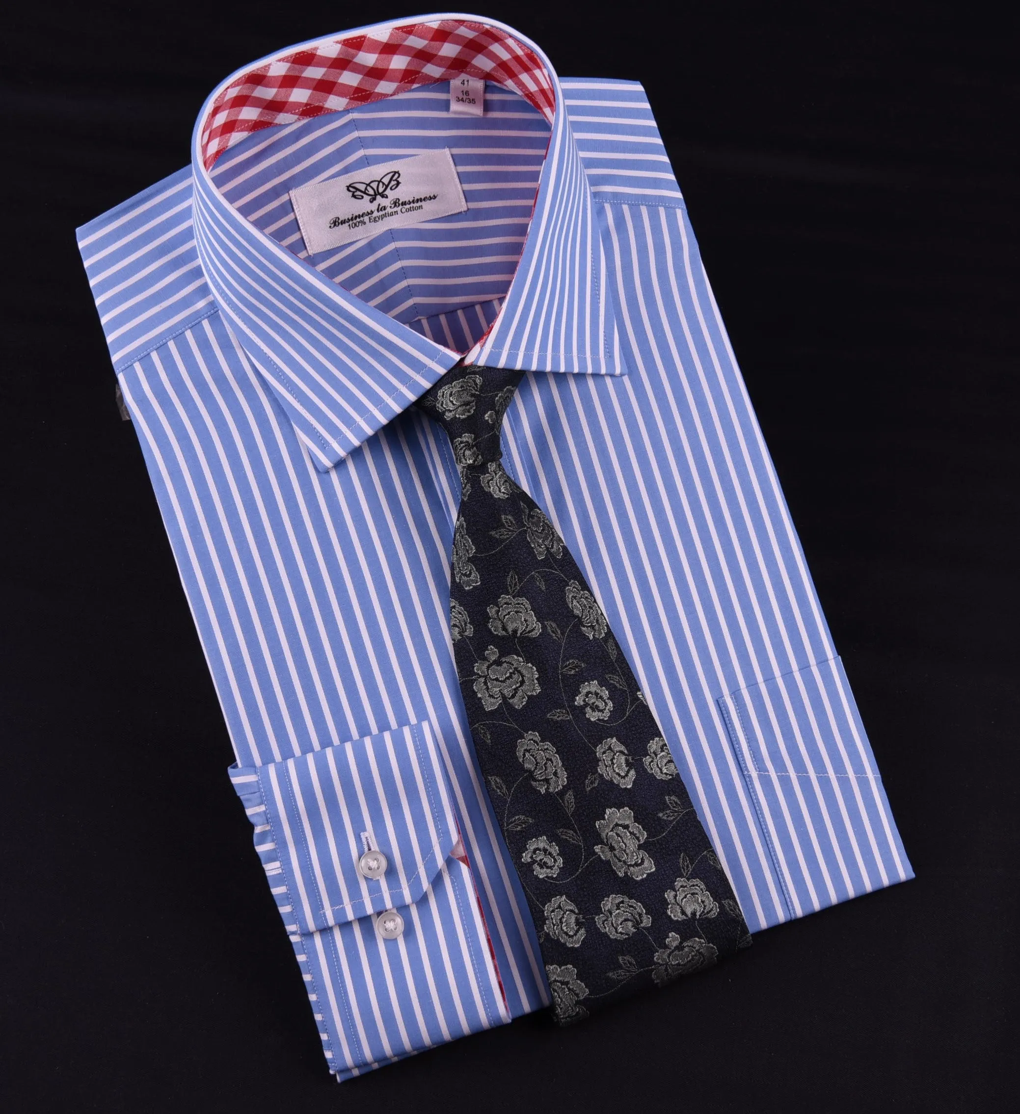 Blue Striped Formal Business Dress Shirt with Contrast Red Gingham Check Plaid Designer Inner-Lining in Single Button Cuffs