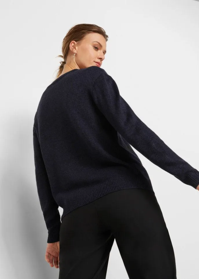Bpc Bonprix Collection Melange Knitted Crew Neck Sweater, Blue