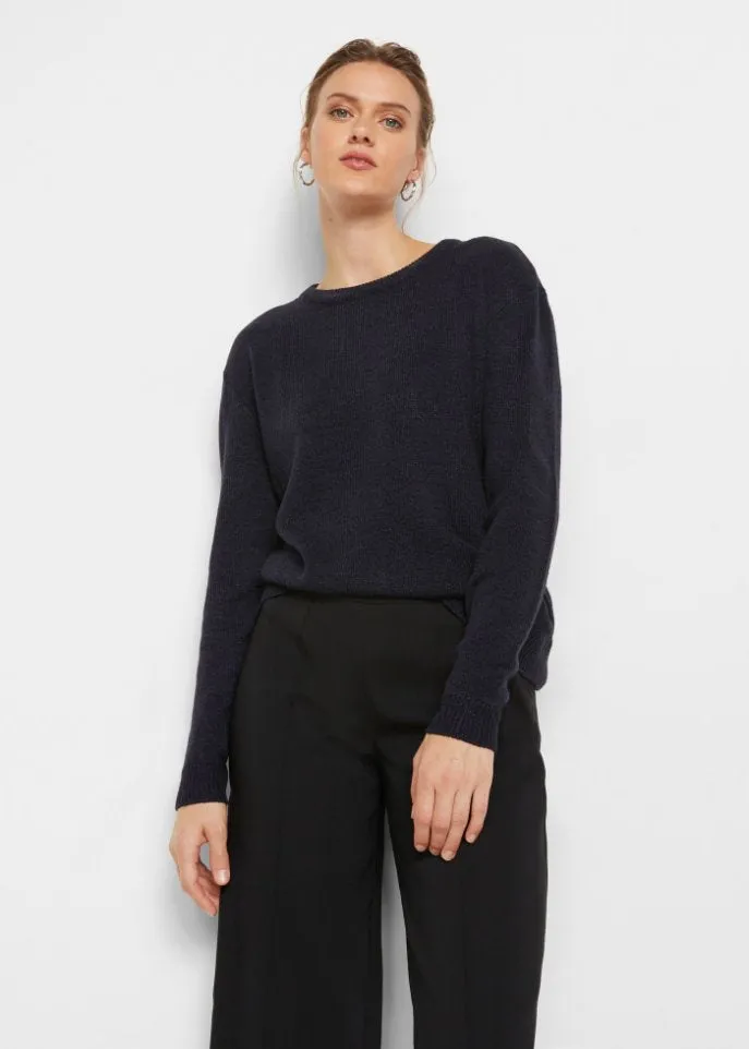 Bpc Bonprix Collection Melange Knitted Crew Neck Sweater, Blue