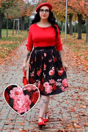 Carolyn Box Pleat Skirt In Black with Raising Red Roses