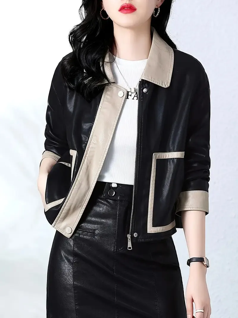 Chic color block PU-leren jack voor dames - korte, rits lange mouw
