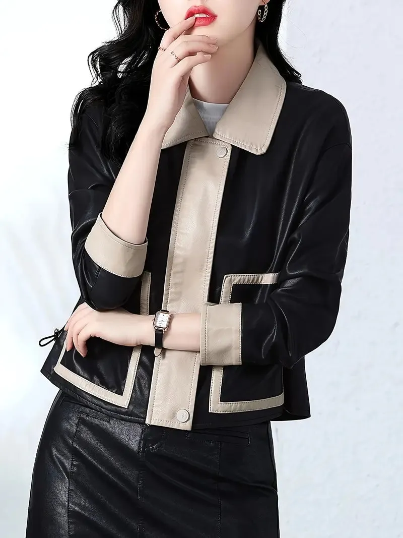 Chic color block PU-leren jack voor dames - korte, rits lange mouw