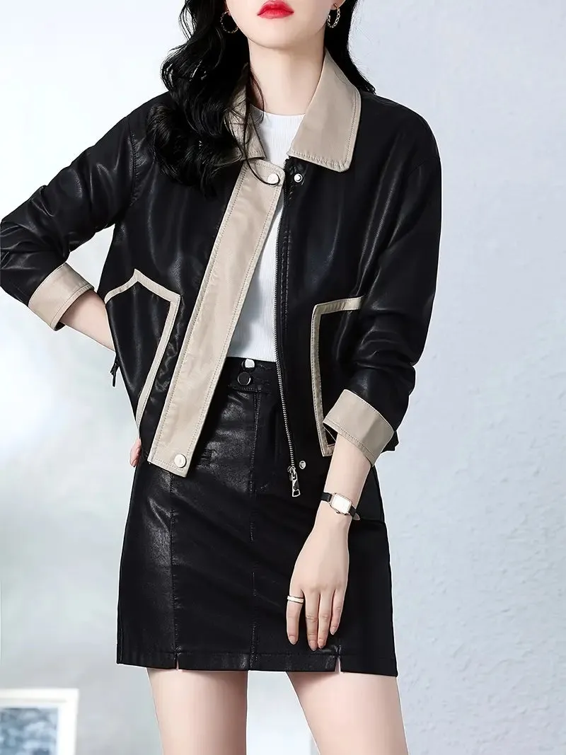 Chic color block PU-leren jack voor dames - korte, rits lange mouw