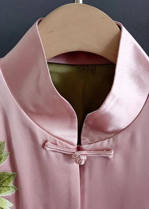 Chic Pink Embroideried Chinese Button Patchwork Silk Coat Spring LY0986