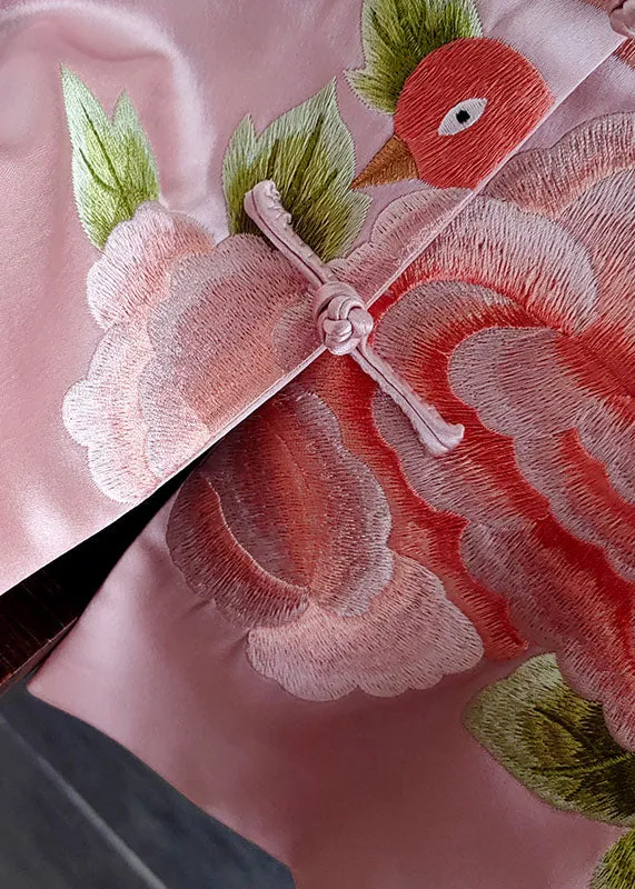 Chic Pink Embroideried Chinese Button Patchwork Silk Coat Spring LY0986