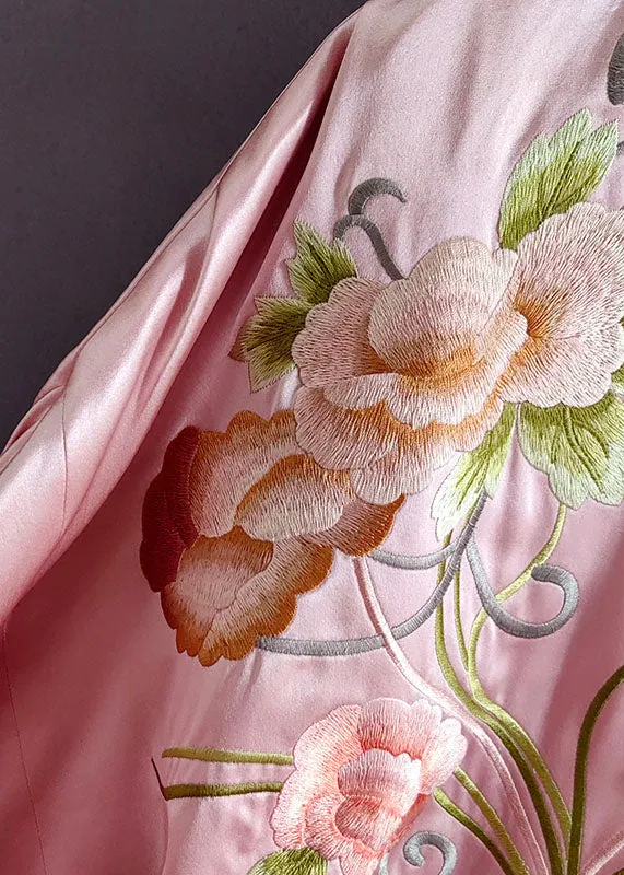 Chic Pink Embroideried Chinese Button Patchwork Silk Coat Spring LY0986