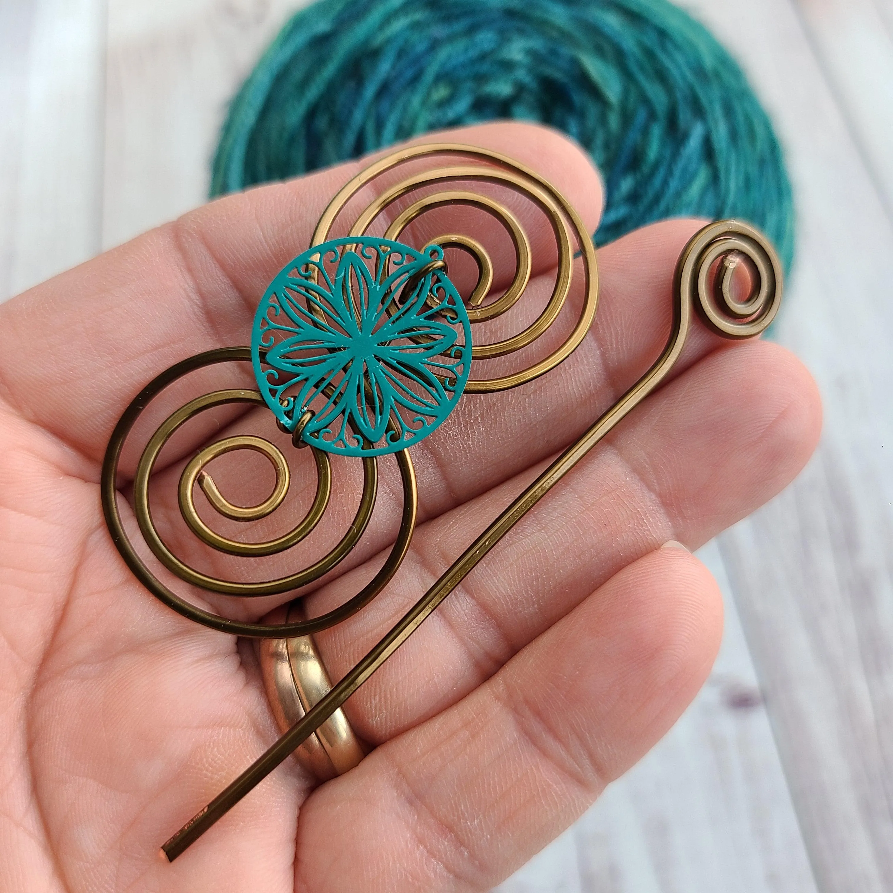 Clearance - Teal Flower Shawl Pin - Charmed Silver or Vintage Bronze