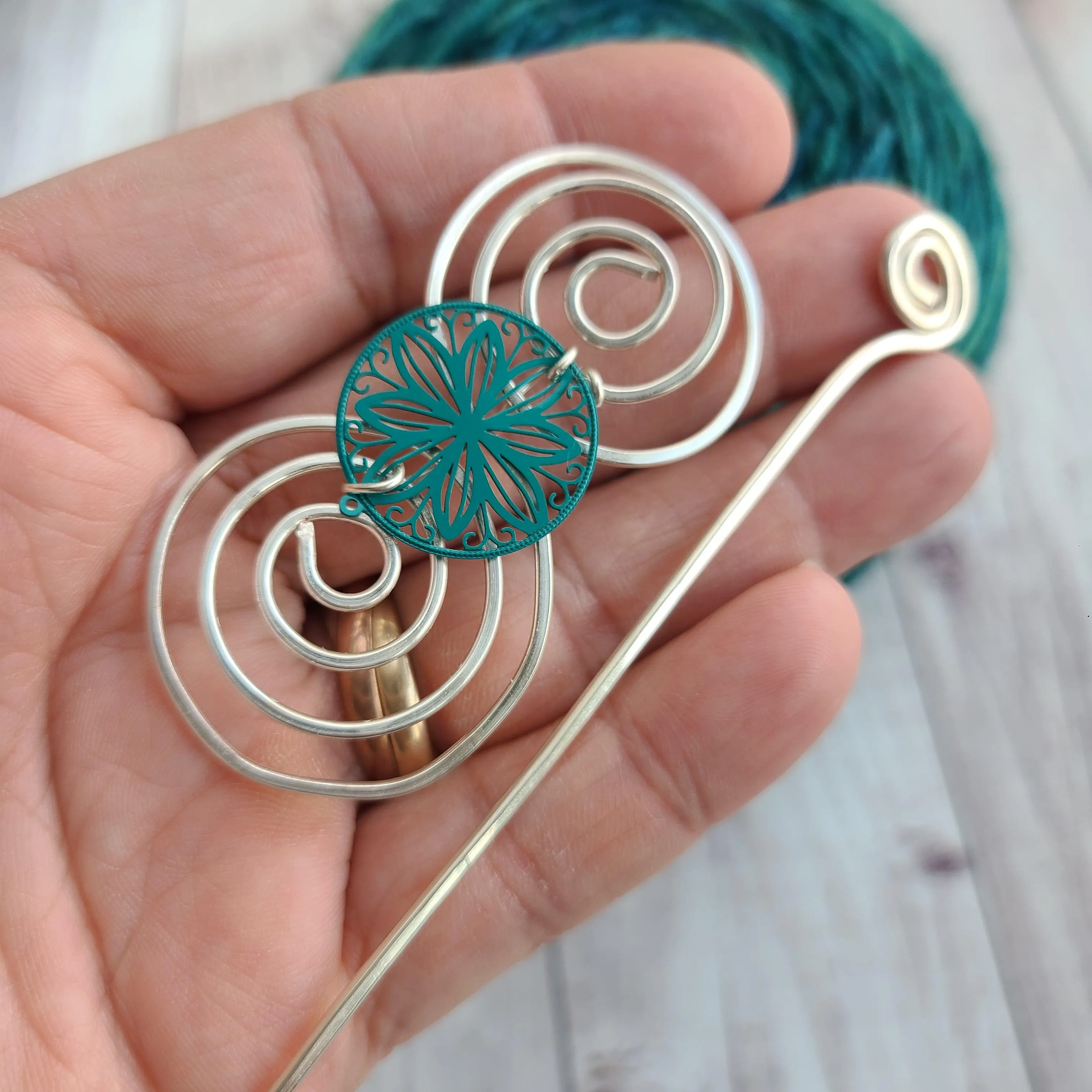 Clearance - Teal Flower Shawl Pin - Charmed Silver or Vintage Bronze