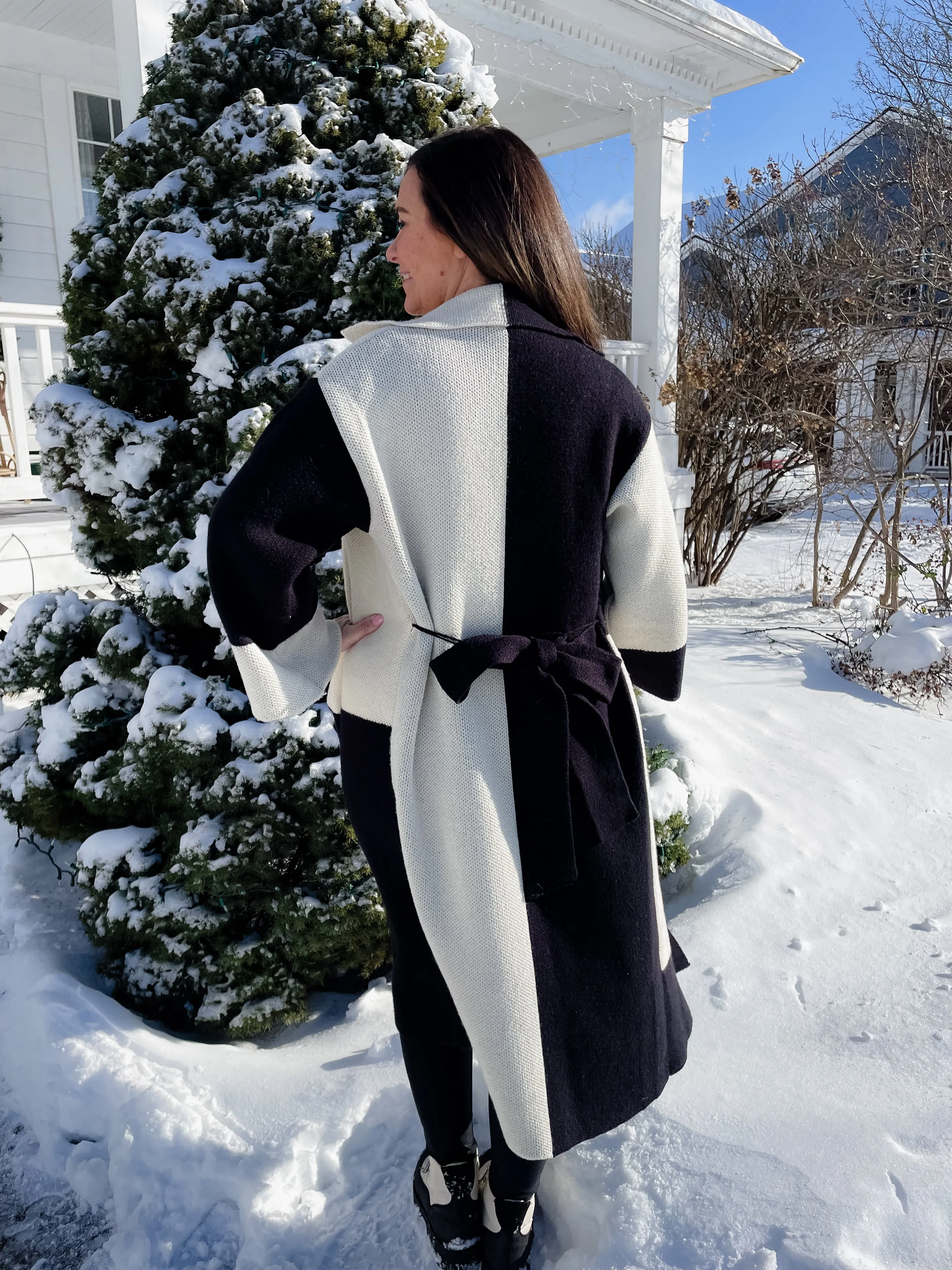 Colorblock Belted Cardigan- Black/Tan