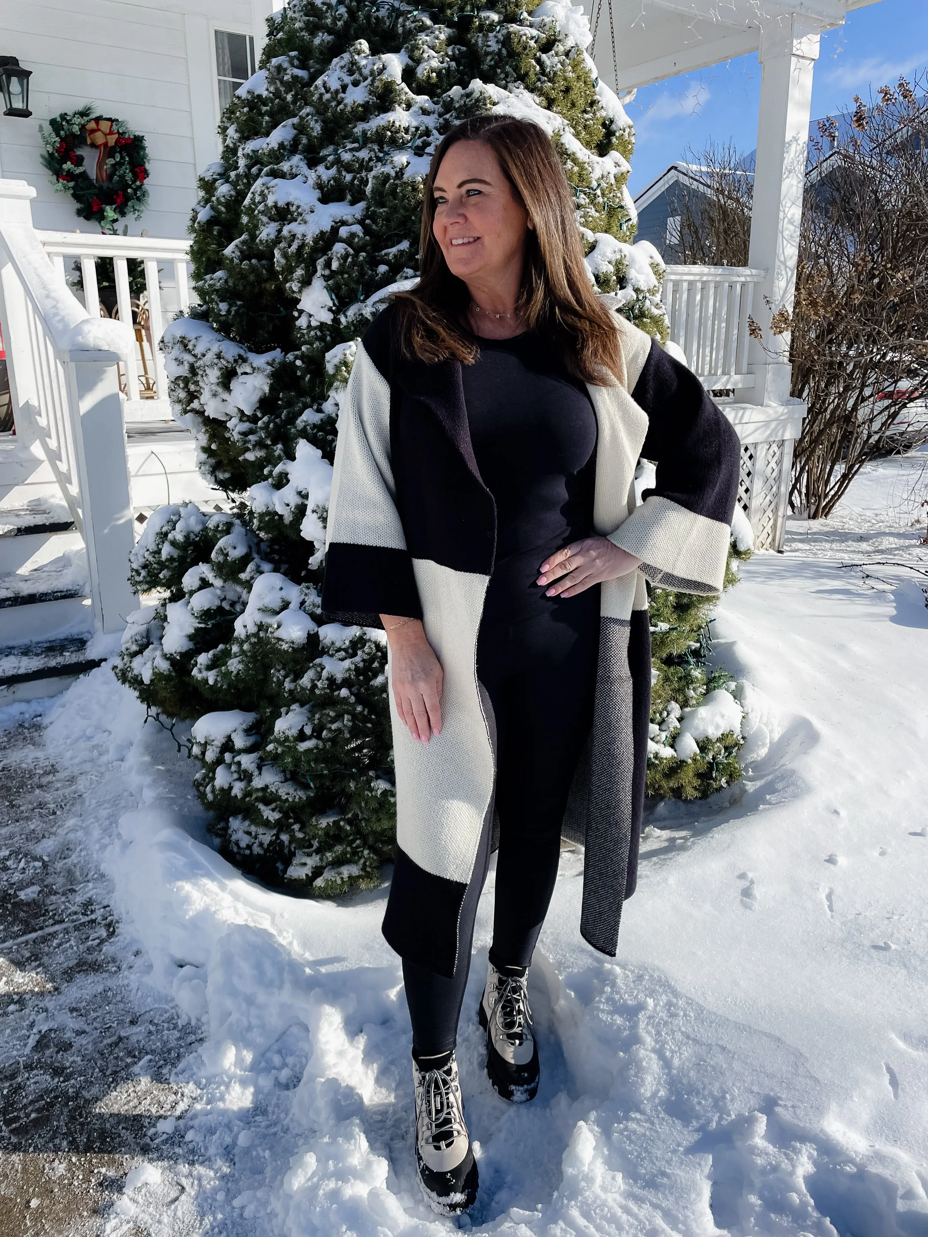Colorblock Belted Cardigan- Black/Tan