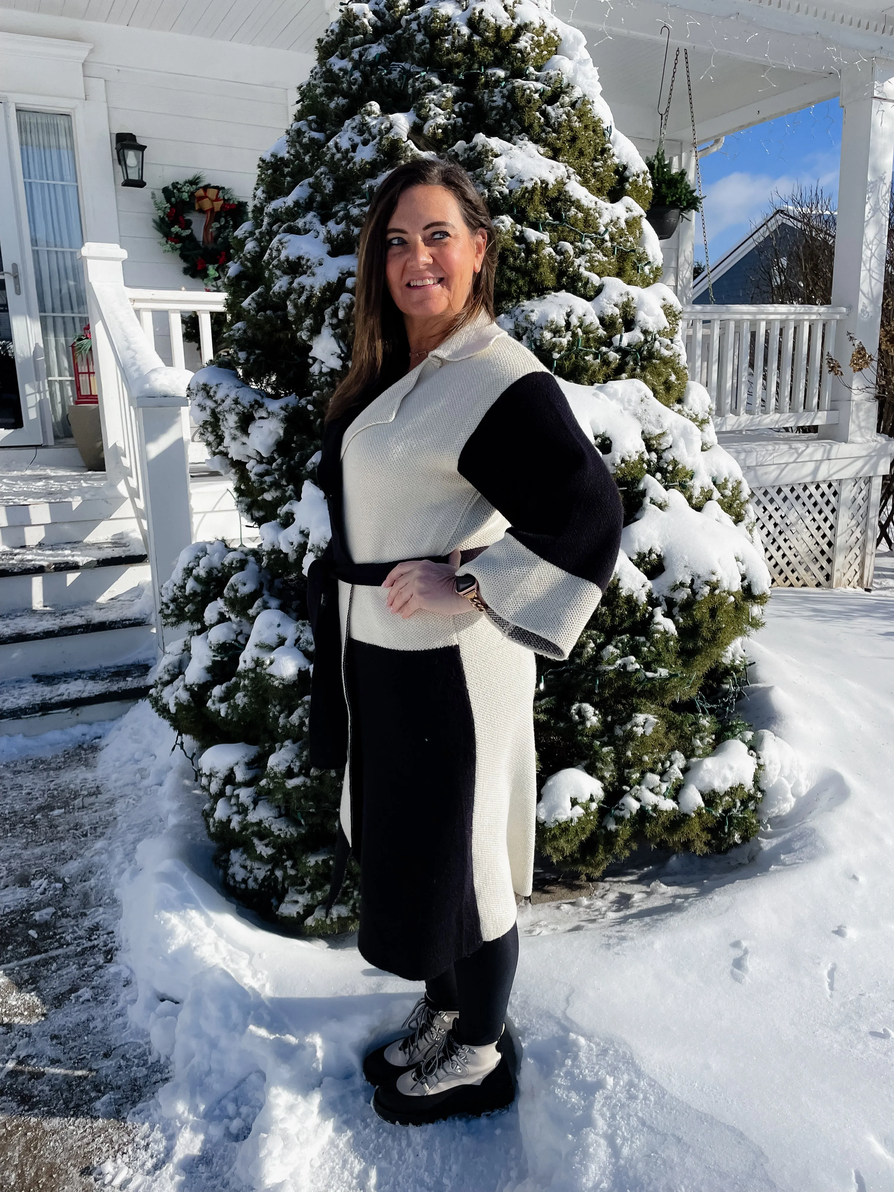 Colorblock Belted Cardigan- Black/Tan