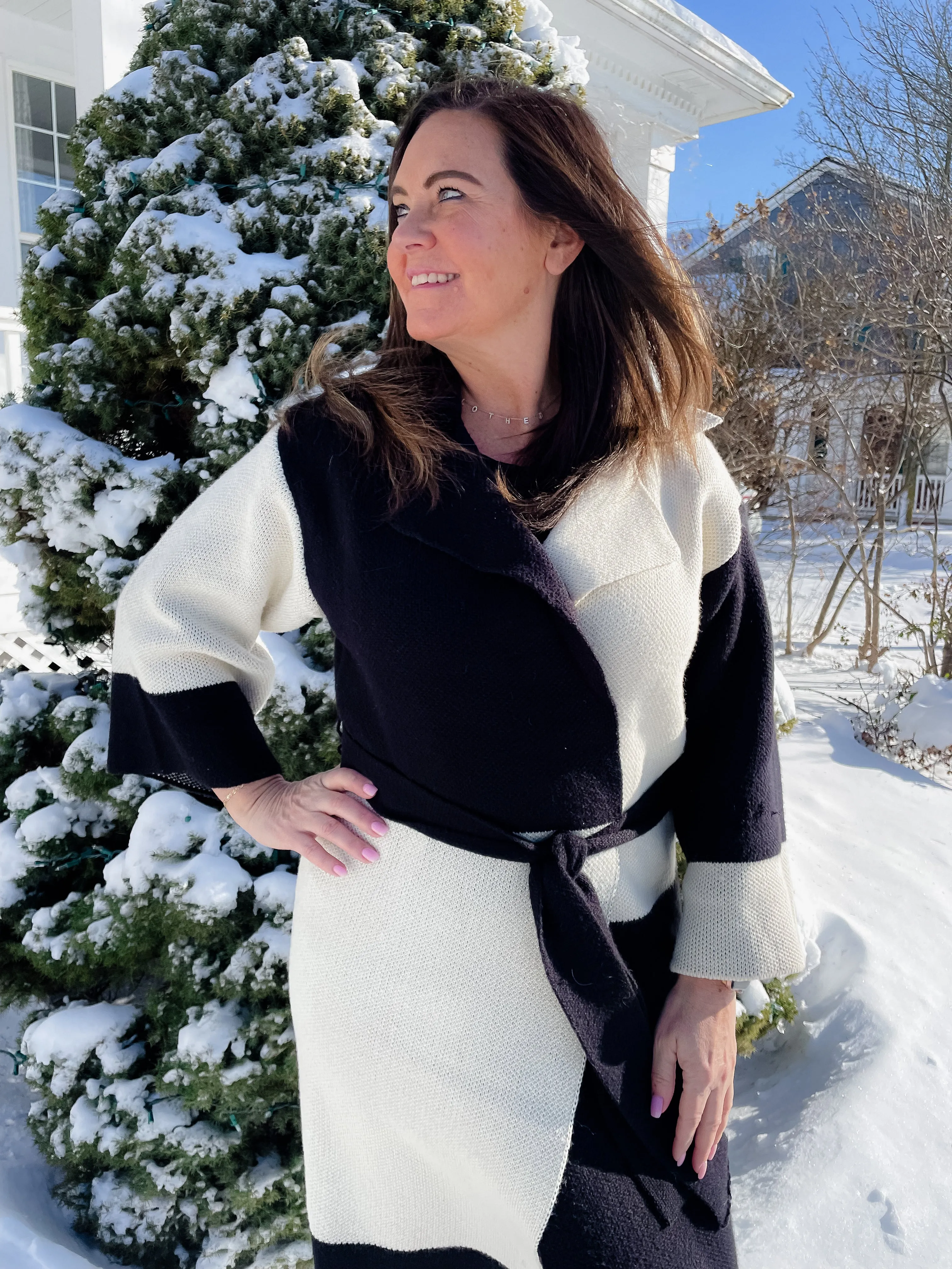 Colorblock Belted Cardigan- Black/Tan