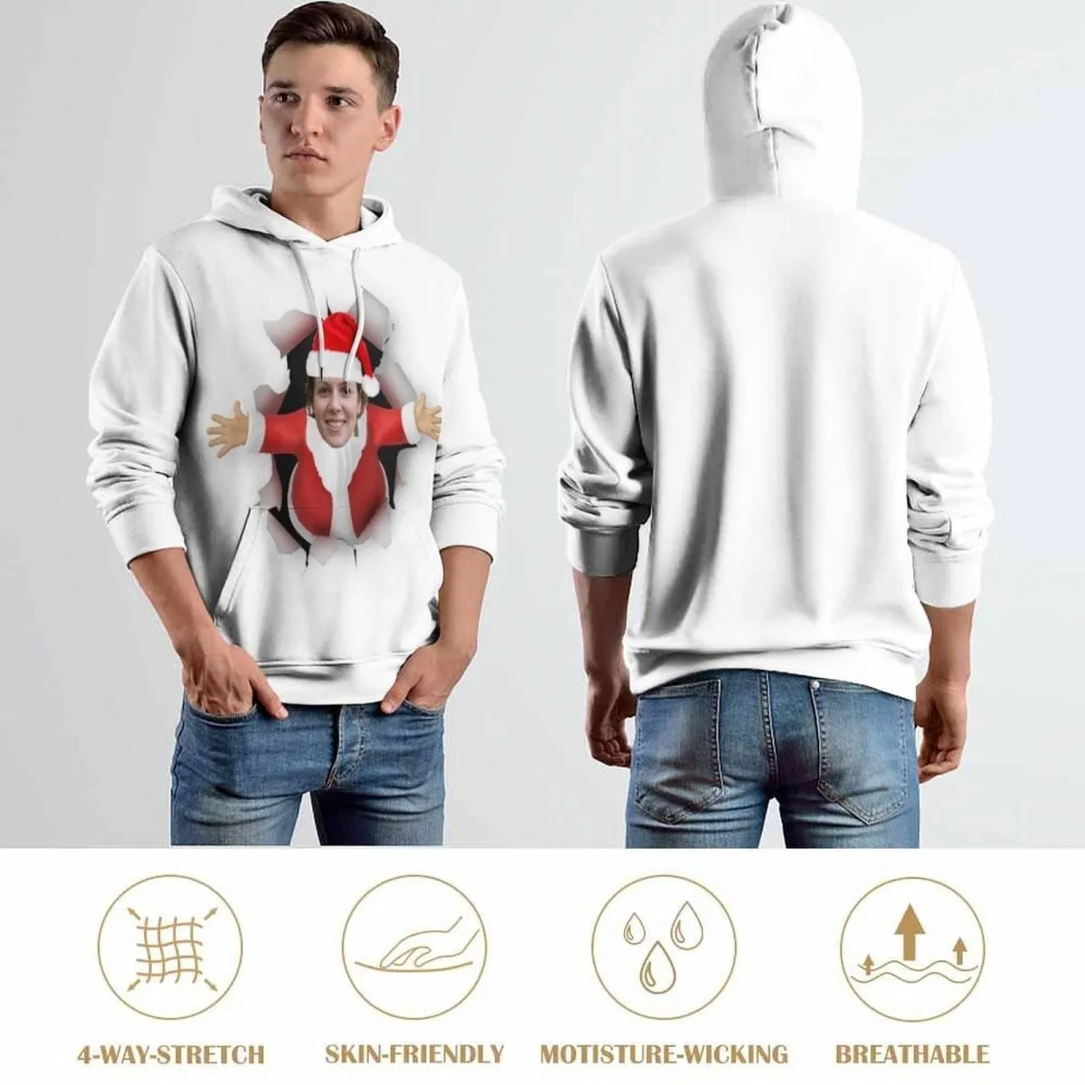 Custom Face Hoodie Santa Claus Plus Size Design Your Own Hoodie Personalized Photo Unisex Loose Hoodie Custom Top Outfits for Christmas