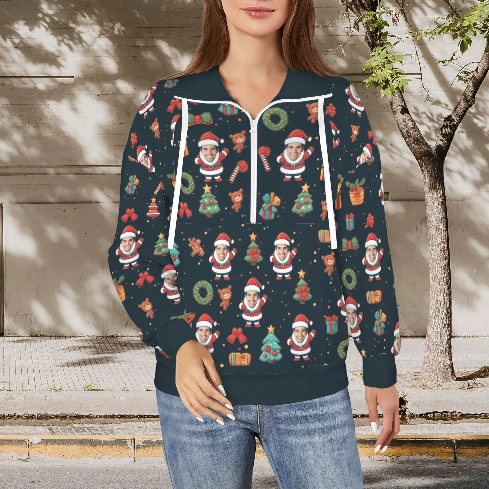 Custom Face Santa Claus Gift Christmas Women's Lapel Half Zip Pullover Drawstring Sweatshirts Fashion Outfits