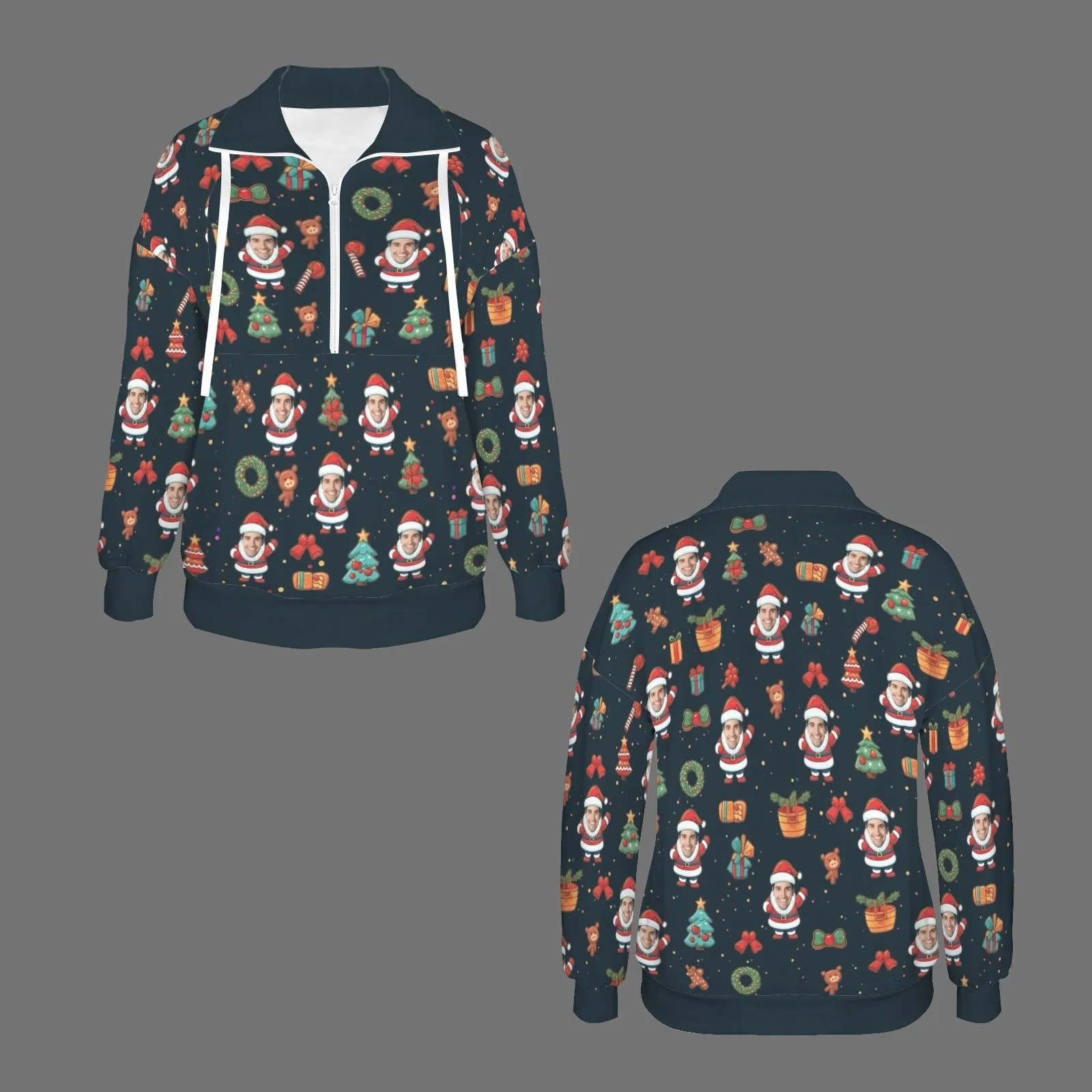 Custom Face Santa Claus Gift Christmas Women's Lapel Half Zip Pullover Drawstring Sweatshirts Fashion Outfits