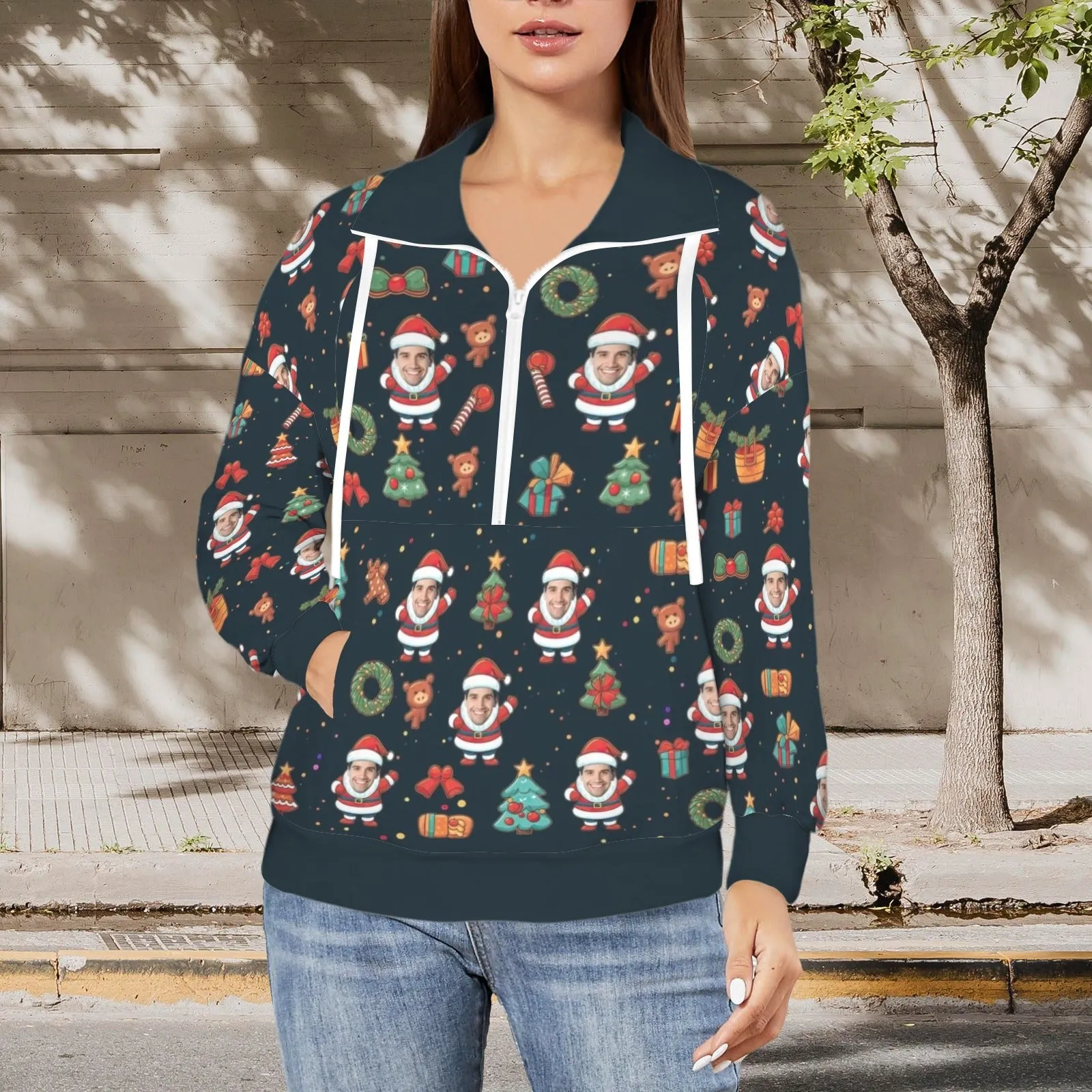 Custom Face Santa Claus Gift Christmas Women's Lapel Half Zip Pullover Drawstring Sweatshirts Fashion Outfits