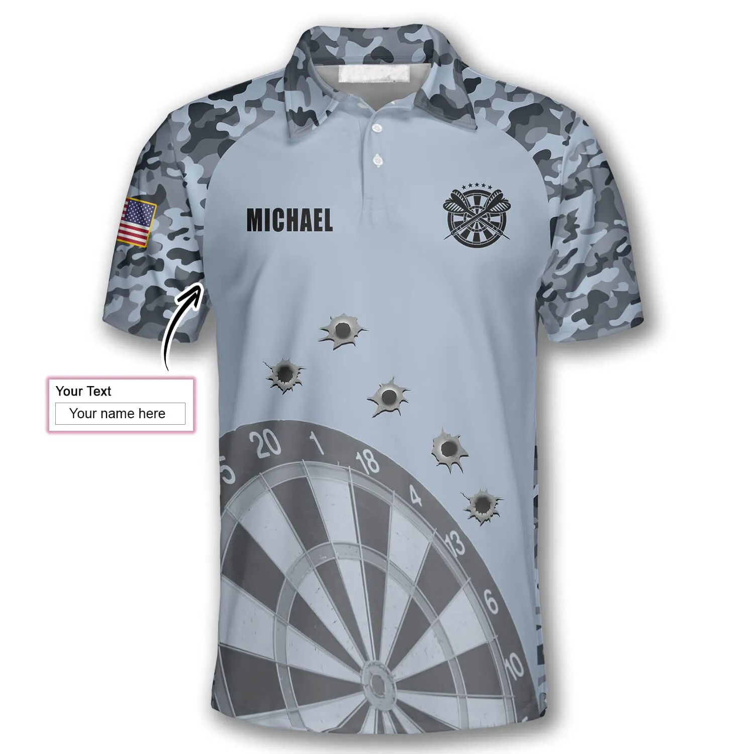 Darts Grey Camouflage Gun Holes Custom Polo Shirts for Men