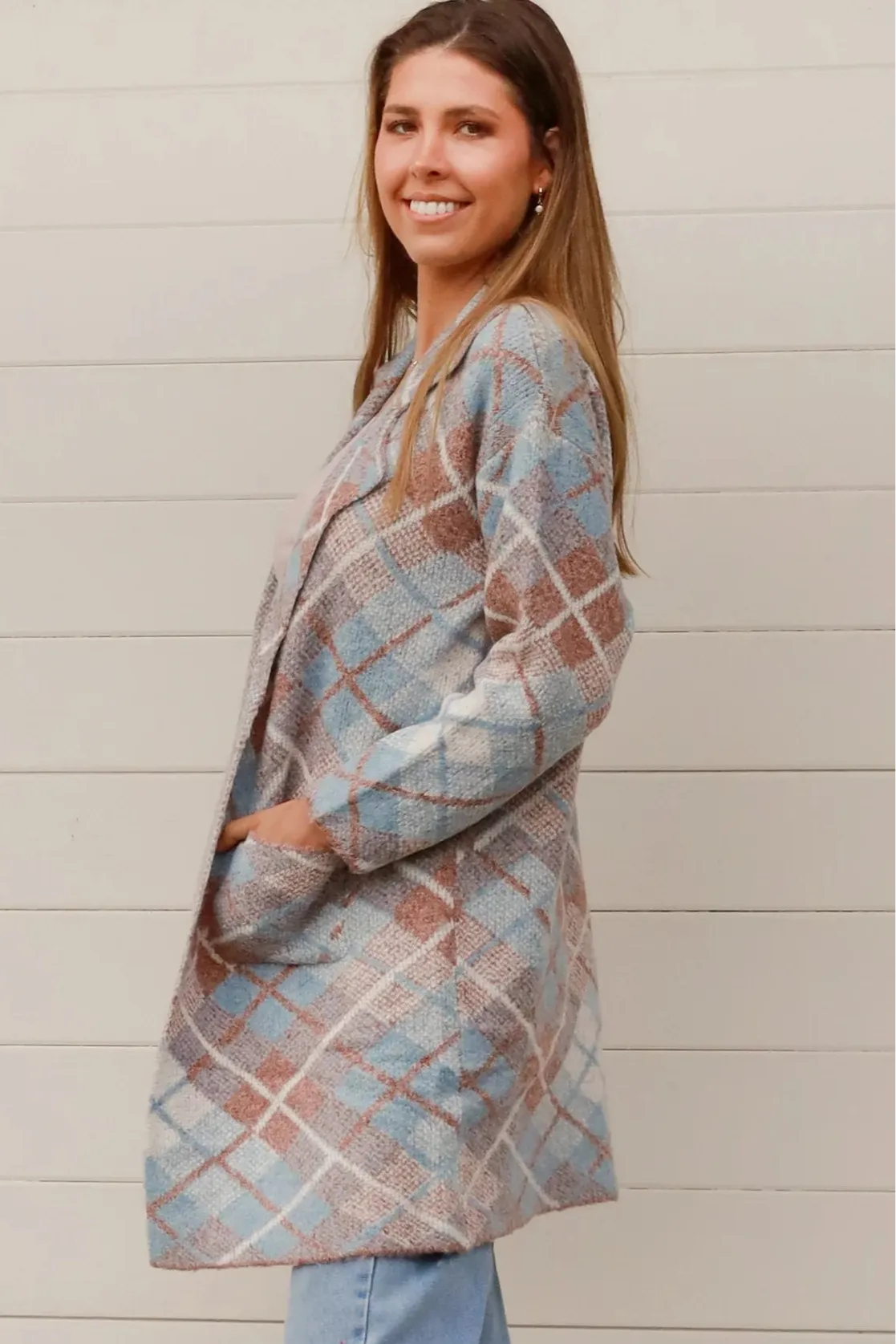 DIONE KNIT JACKET TAN   BLUE