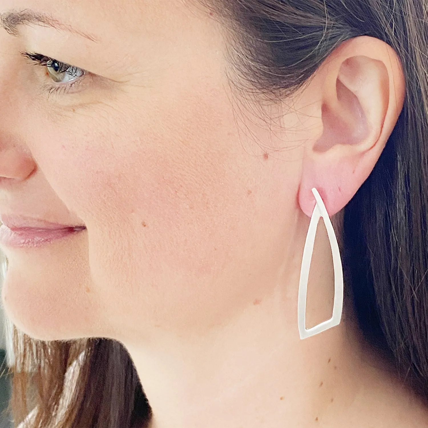 Earrings - Silver Brushed Long Geometric Metallic