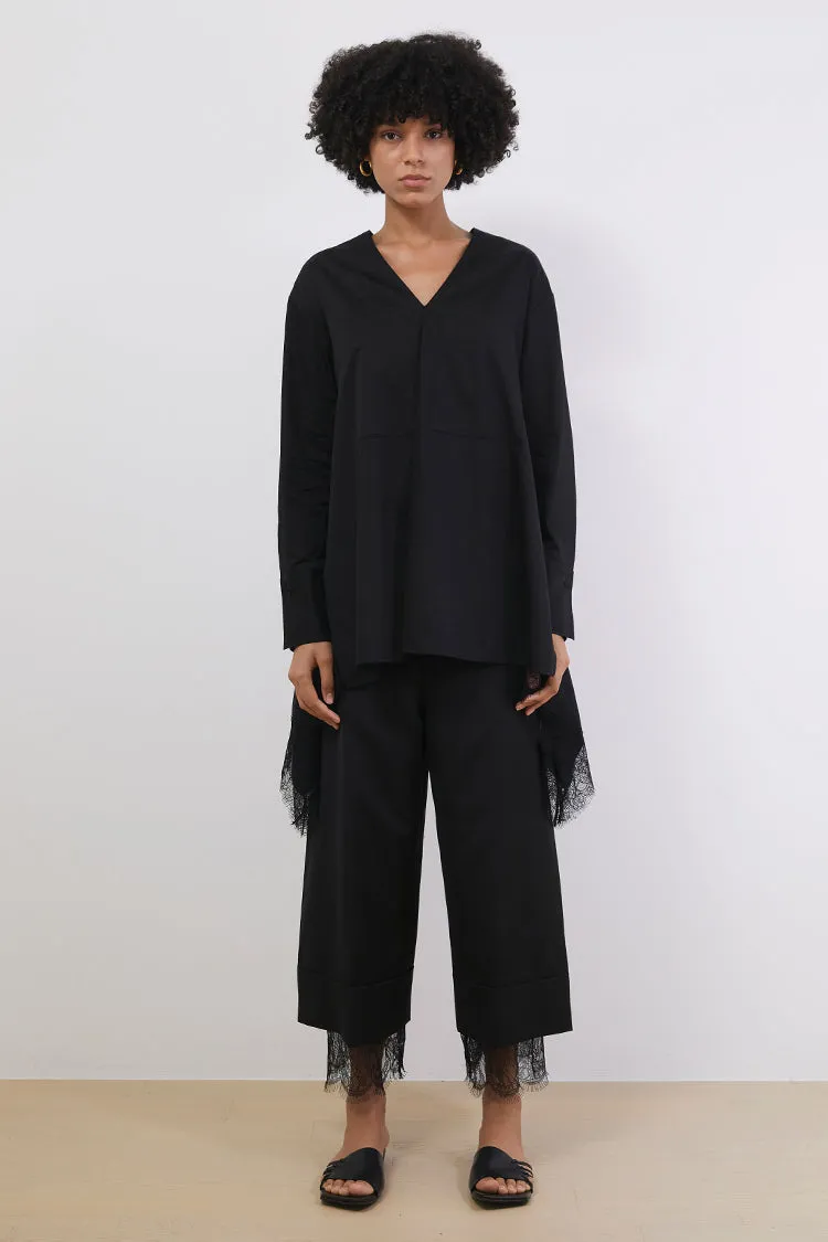 Embellished lace-trimmed V-neck cotton shirts