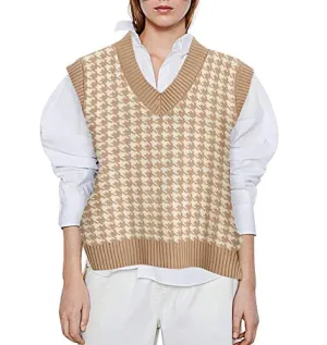 Fall Sweaters for Women Trendy Oversized Knitted Color Block Vest Sleeveless V Neck Vintage Pullover Tops Khaki Small
