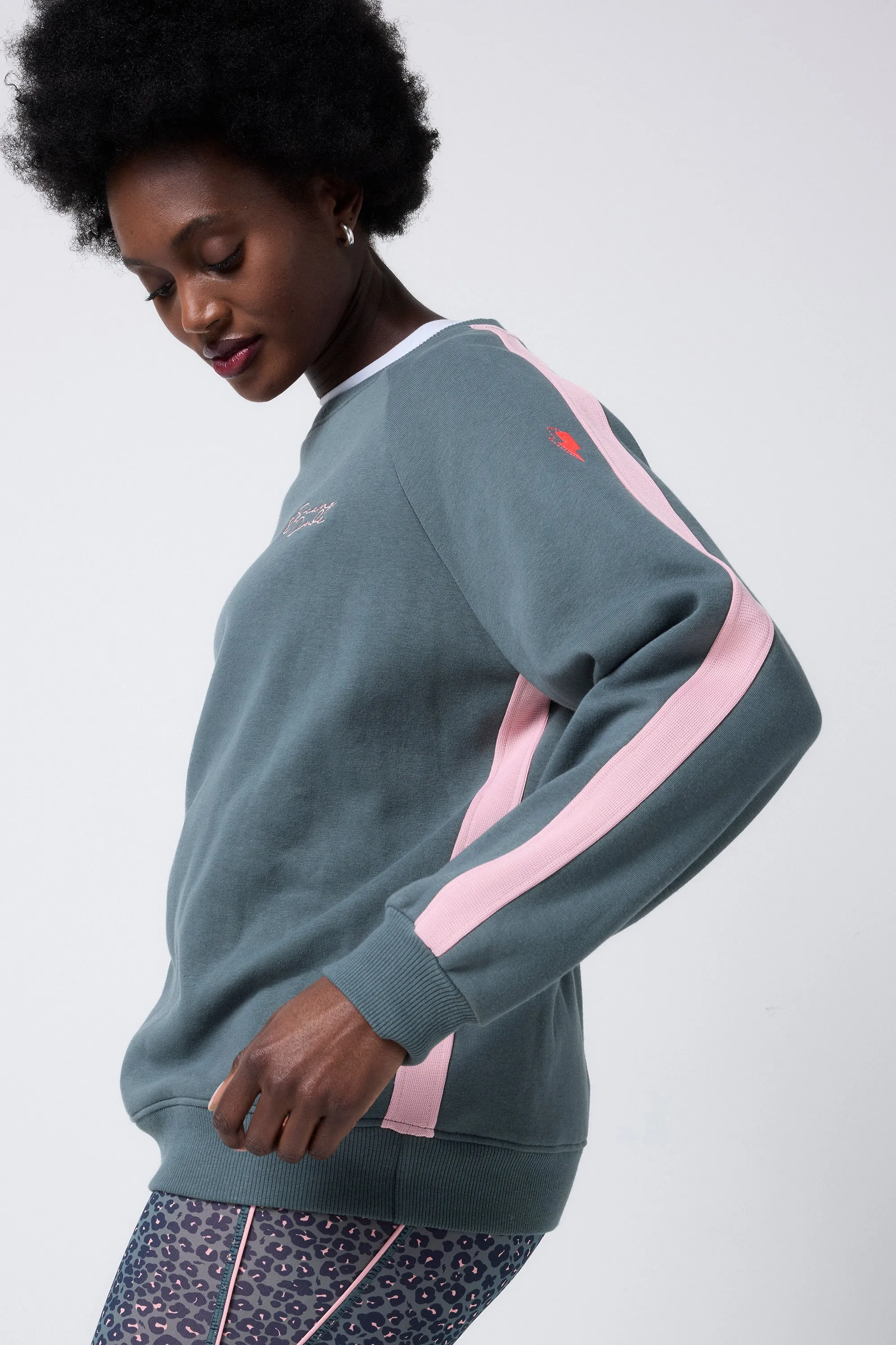 Khaki with Pink Colourblock Relaxed Sweatshirt
