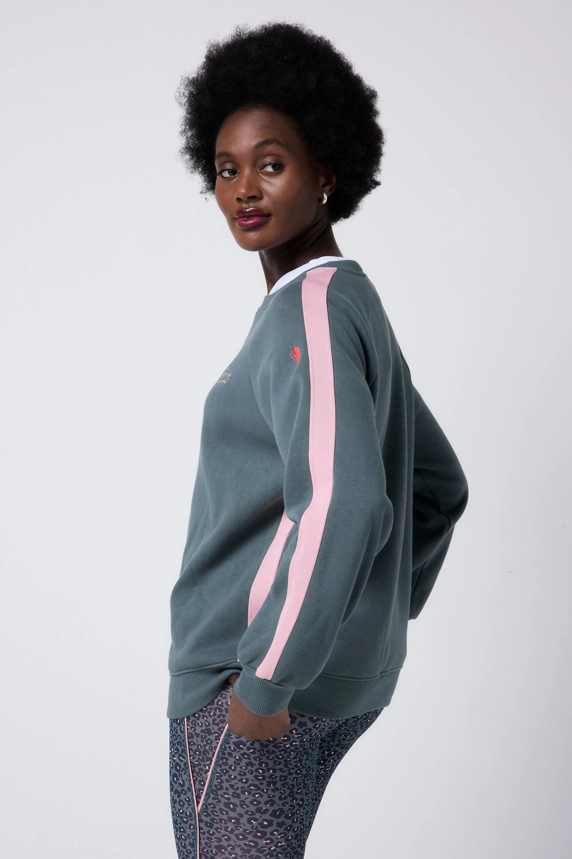 Khaki with Pink Colourblock Relaxed Sweatshirt
