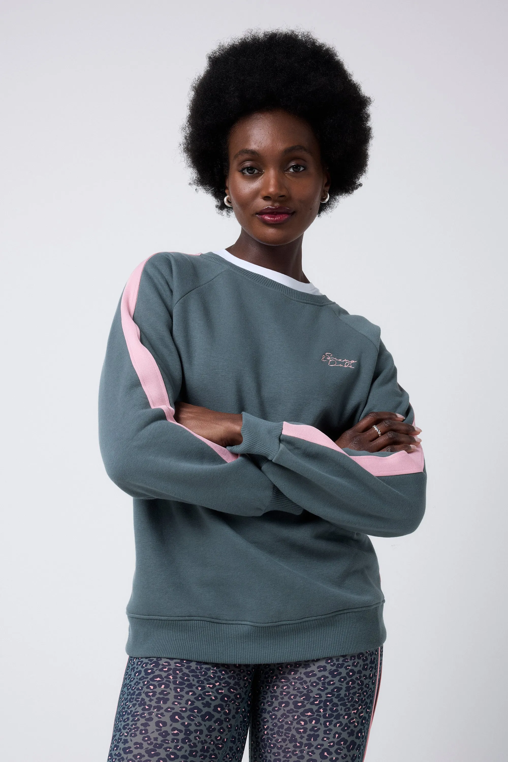 Khaki with Pink Colourblock Relaxed Sweatshirt