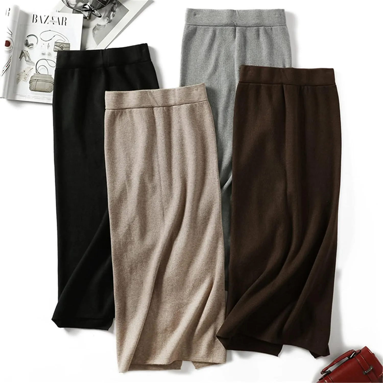 Knee-Length Autumn Winter Women Cashmere Pencil Skirt Female Thick Midi Sweater Skirt Sexy Split Back Bodycon Skirt