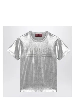 LAMINATED COTTON SILVER T-SHIRT WITH LOGO