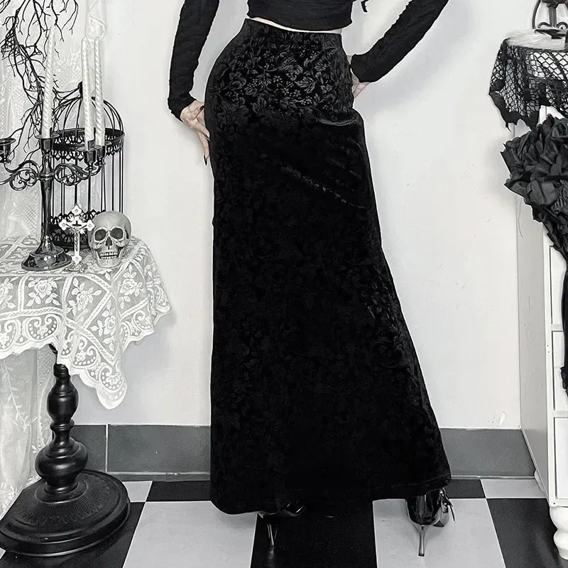 LVSANW 2025 New Vintage Dark Elegant Flocking Long Skirt Women's Gothic Irregular Split Hem Ruffles Skirts Autumn Bottoms Alt Clothing