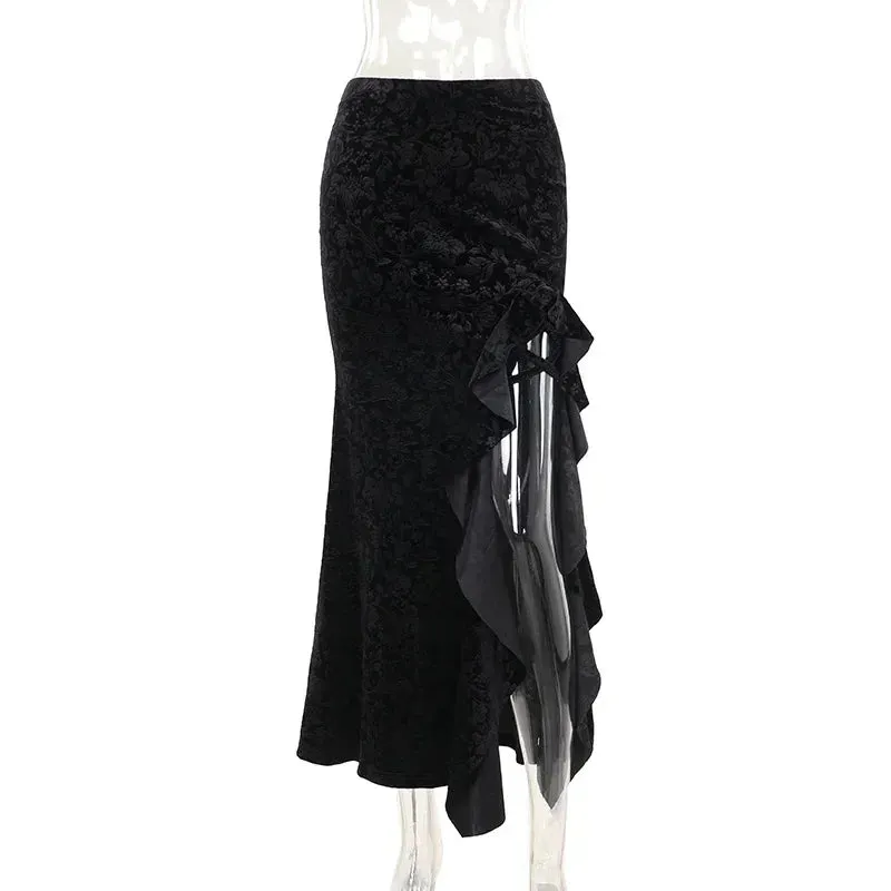 LVSANW 2025 New Vintage Dark Elegant Flocking Long Skirt Women's Gothic Irregular Split Hem Ruffles Skirts Autumn Bottoms Alt Clothing