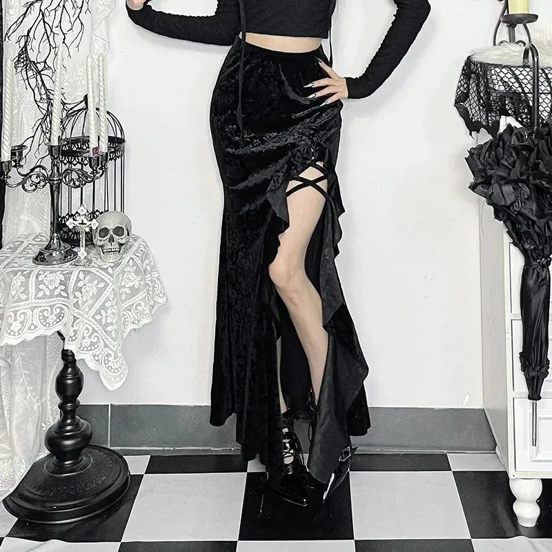 LVSANW 2025 New Vintage Dark Elegant Flocking Long Skirt Women's Gothic Irregular Split Hem Ruffles Skirts Autumn Bottoms Alt Clothing