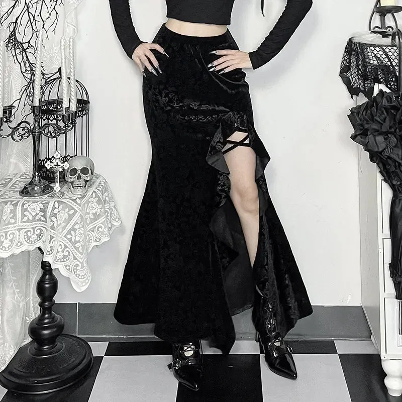 LVSANW 2025 New Vintage Dark Elegant Flocking Long Skirt Women's Gothic Irregular Split Hem Ruffles Skirts Autumn Bottoms Alt Clothing