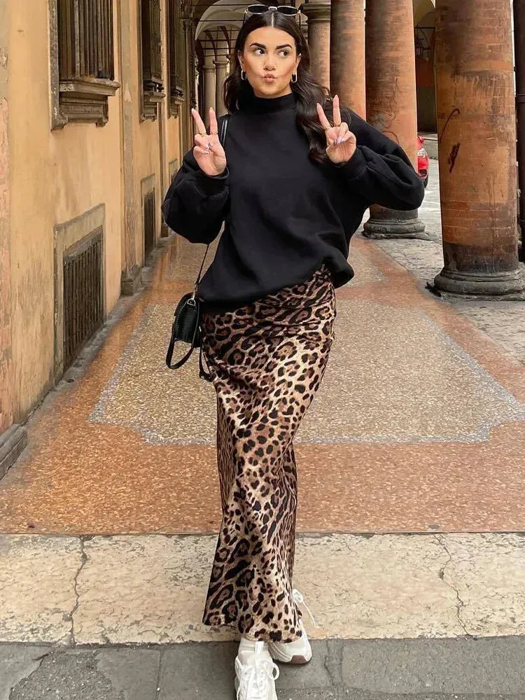 LVSANW ASDS 2024 Vintage Women's Leopard Print Satin Skirt Female Summer High Waist Midi Skirt Woman Fashion Elegant Long Skirts