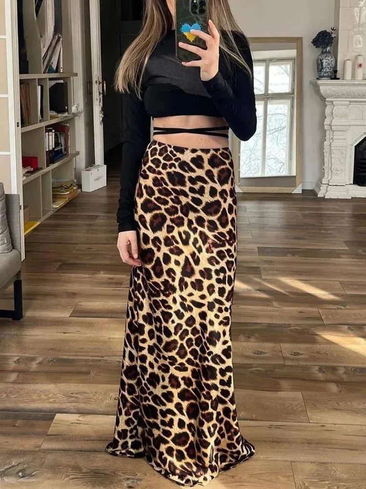 LVSANW ASDS 2024 Vintage Women's Leopard Print Satin Skirt Female Summer High Waist Midi Skirt Woman Fashion Elegant Long Skirts