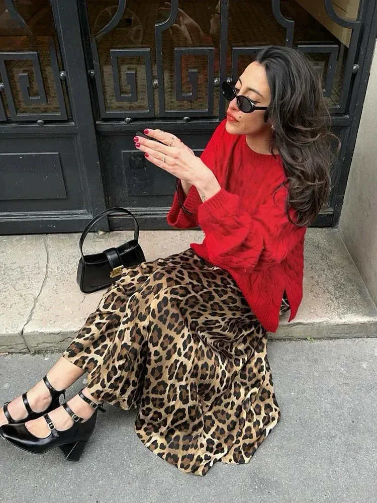 LVSANW ASDS 2024 Vintage Women's Leopard Print Satin Skirt Female Summer High Waist Midi Skirt Woman Fashion Elegant Long Skirts