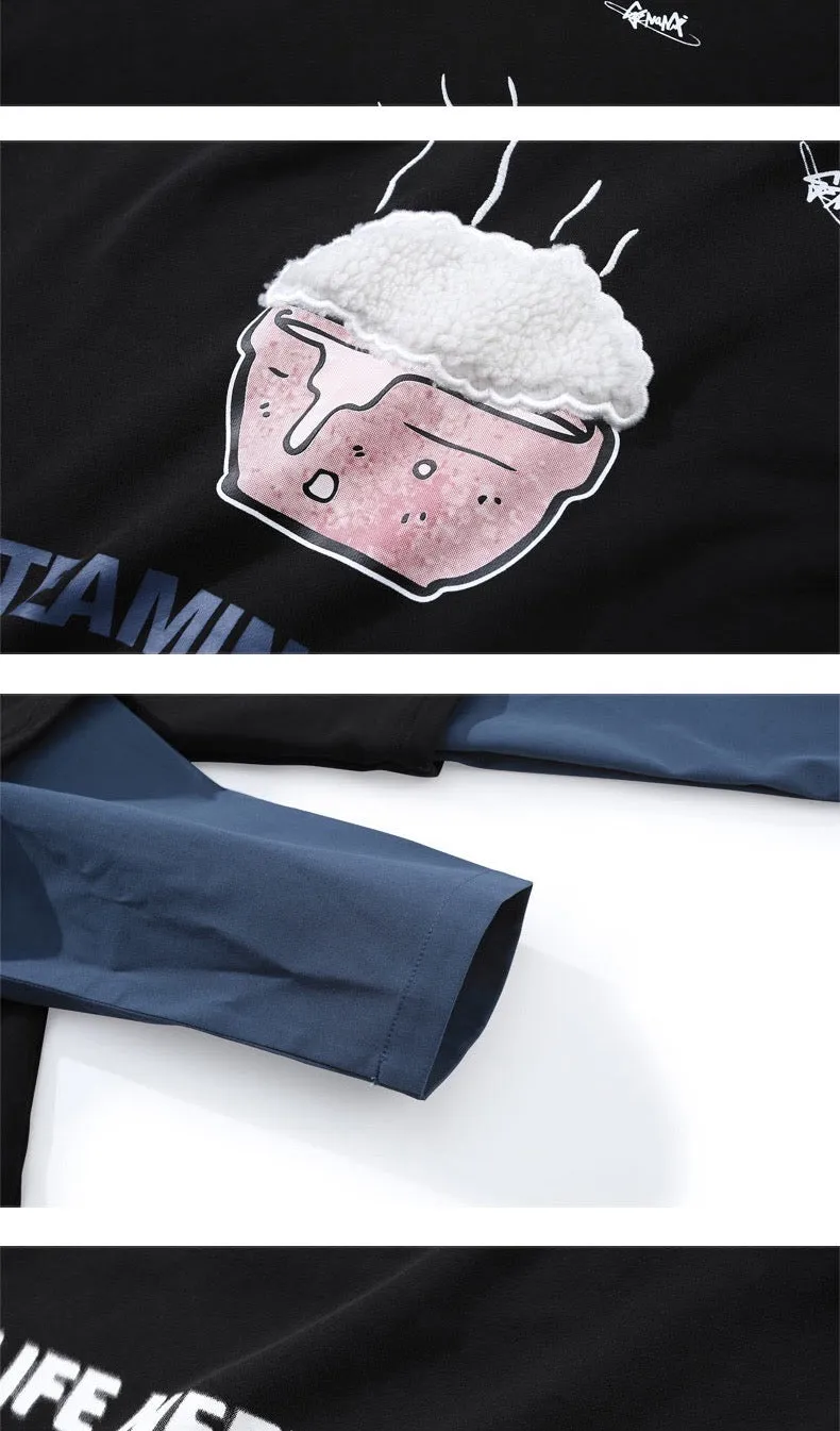 Meal Series Color Block Rice Lamb Wool Print Hooded Sweatshirt