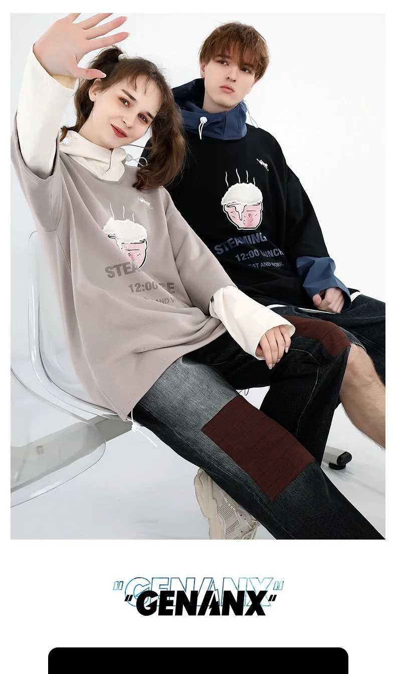 Meal Series Color Block Rice Lamb Wool Print Hooded Sweatshirt