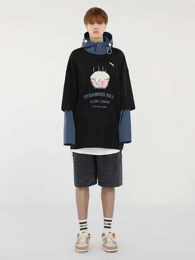 Meal Series Color Block Rice Lamb Wool Print Hooded Sweatshirt