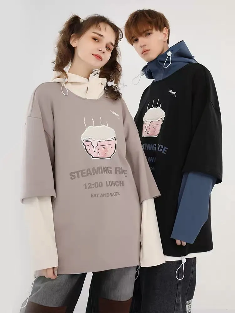 Meal Series Color Block Rice Lamb Wool Print Hooded Sweatshirt