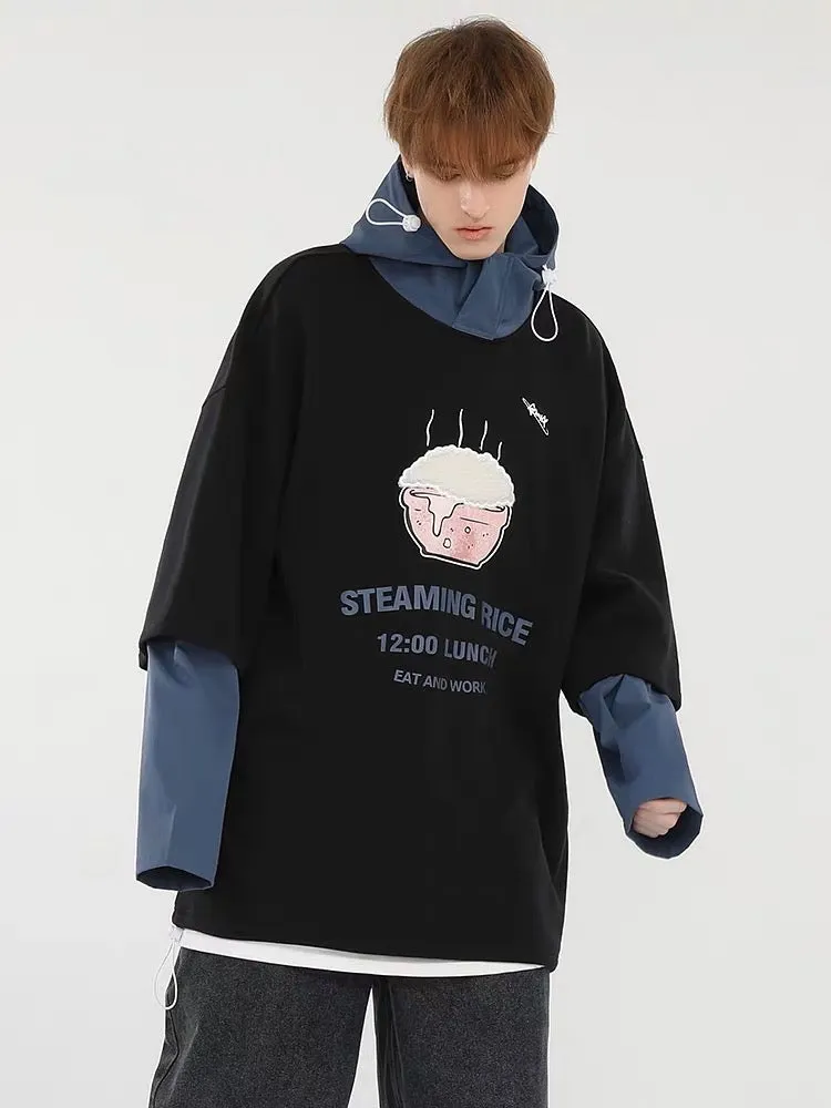 Meal Series Color Block Rice Lamb Wool Print Hooded Sweatshirt