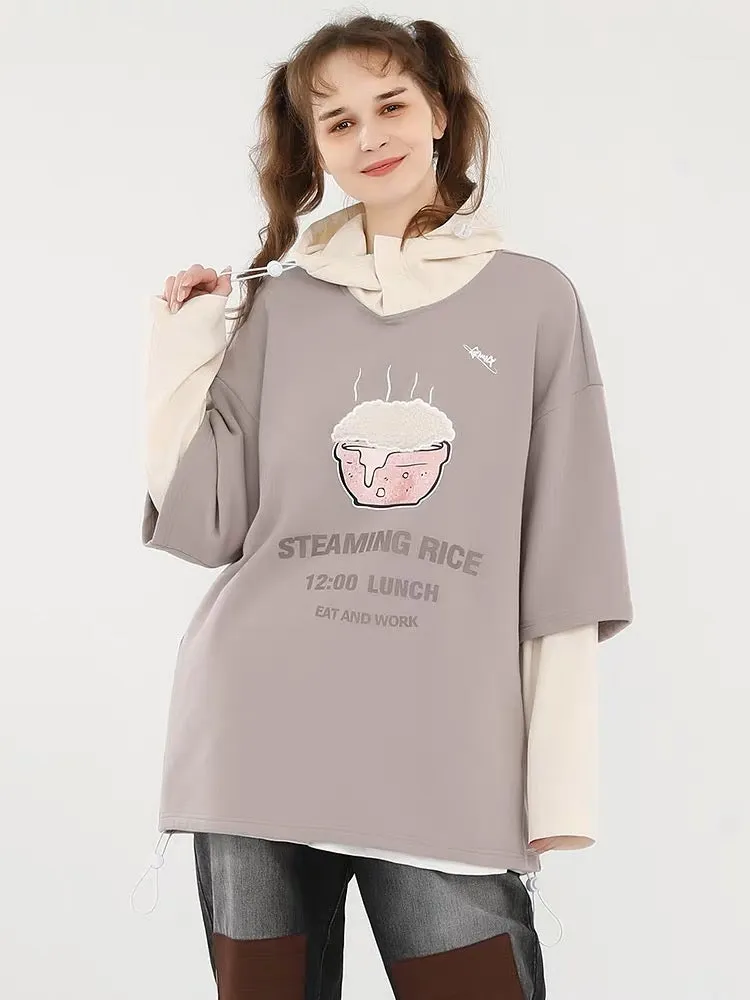 Meal Series Color Block Rice Lamb Wool Print Hooded Sweatshirt
