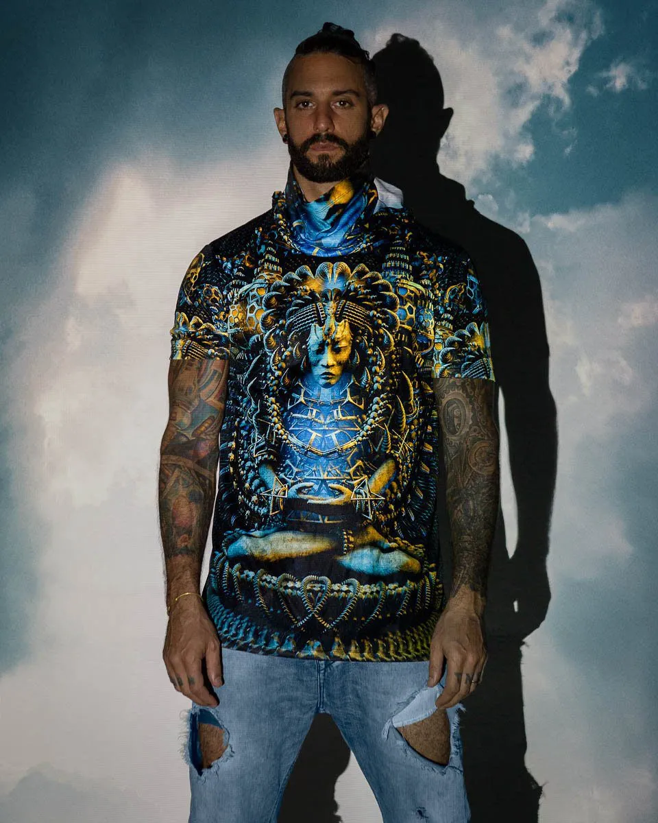 Mens Festival Top | Psy Clothing | Mens Rave Outfit | UV Blacklight Shirt | Psychedelic Shirt | Neck Gaiter and Hood | Asura - Ninja