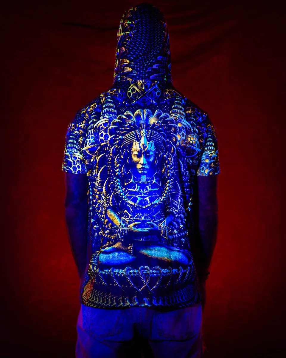 Mens Festival Top | Psy Clothing | Mens Rave Outfit | UV Blacklight Shirt | Psychedelic Shirt | Neck Gaiter and Hood | Asura - Ninja