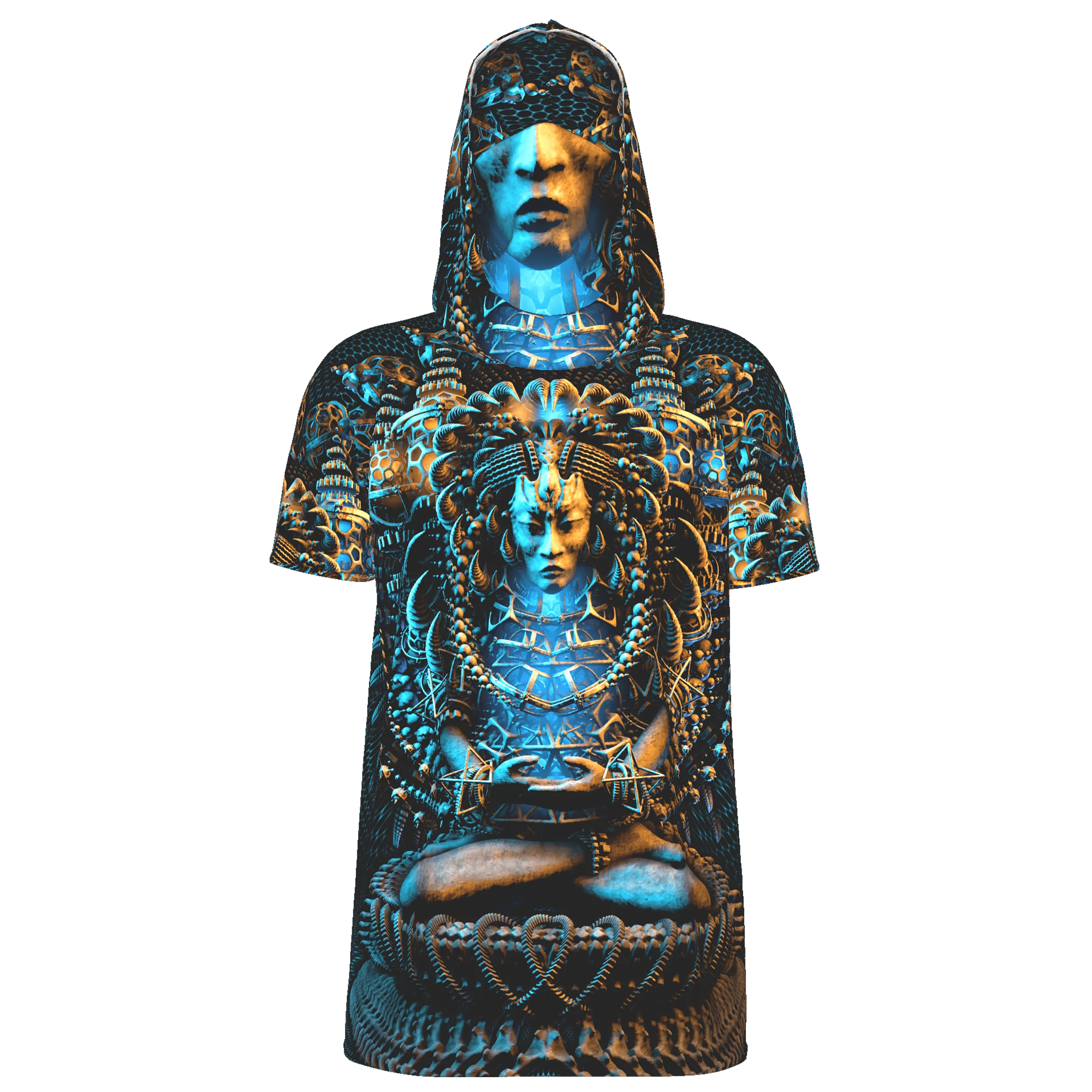 Mens Festival Top | Psy Clothing | Mens Rave Outfit | UV Blacklight Shirt | Psychedelic Shirt | Neck Gaiter and Hood | Asura - Ninja