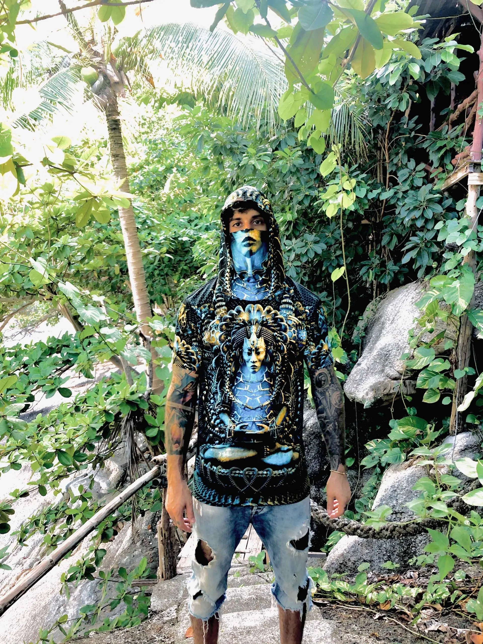 Mens Festival Top | Psy Clothing | Mens Rave Outfit | UV Blacklight Shirt | Psychedelic Shirt | Neck Gaiter and Hood | Asura - Ninja